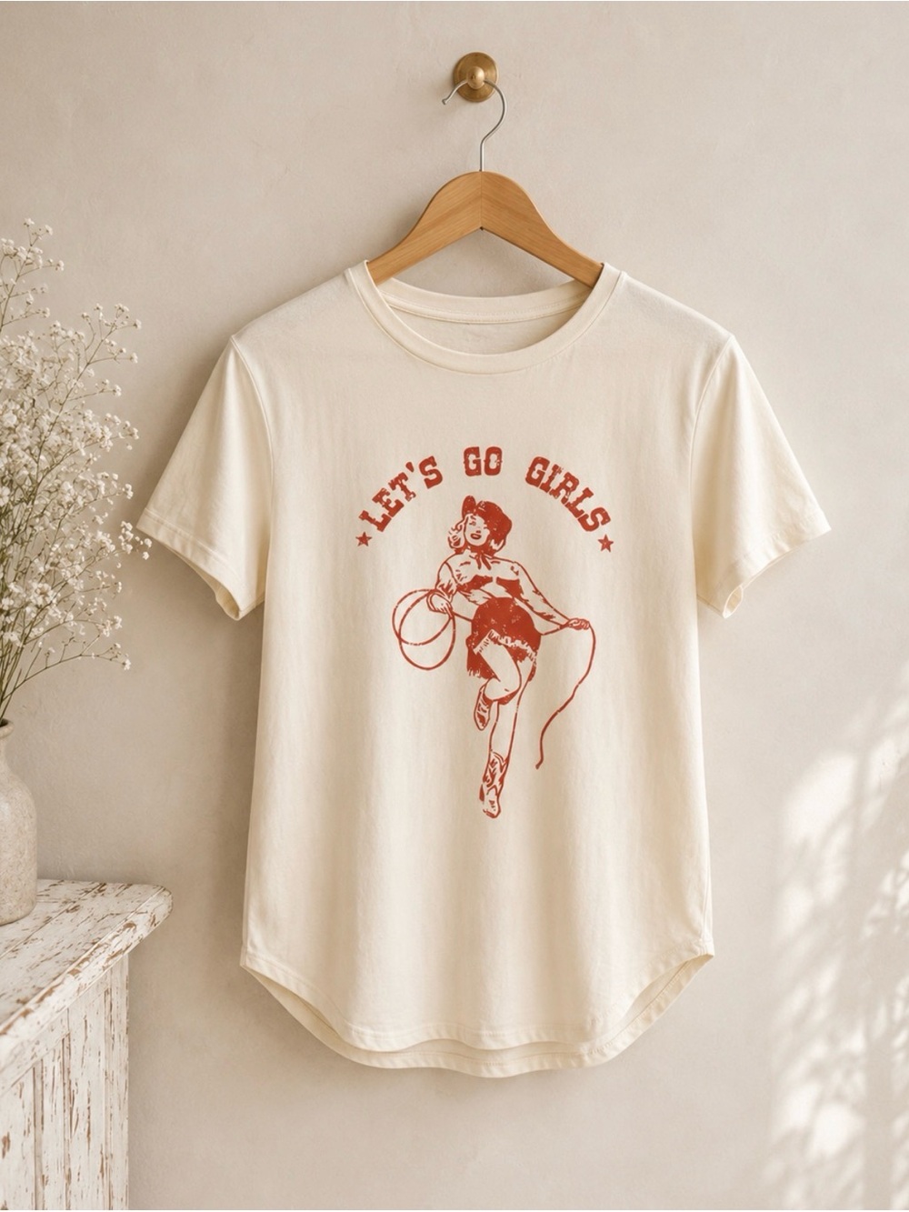 SHEIN Cream Tee with Rust Graphic 'Let's Go Girls'